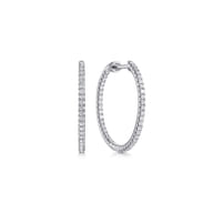 14K White Gold French Pave 20mm Round Inside Out Diamond Hoop Earrings