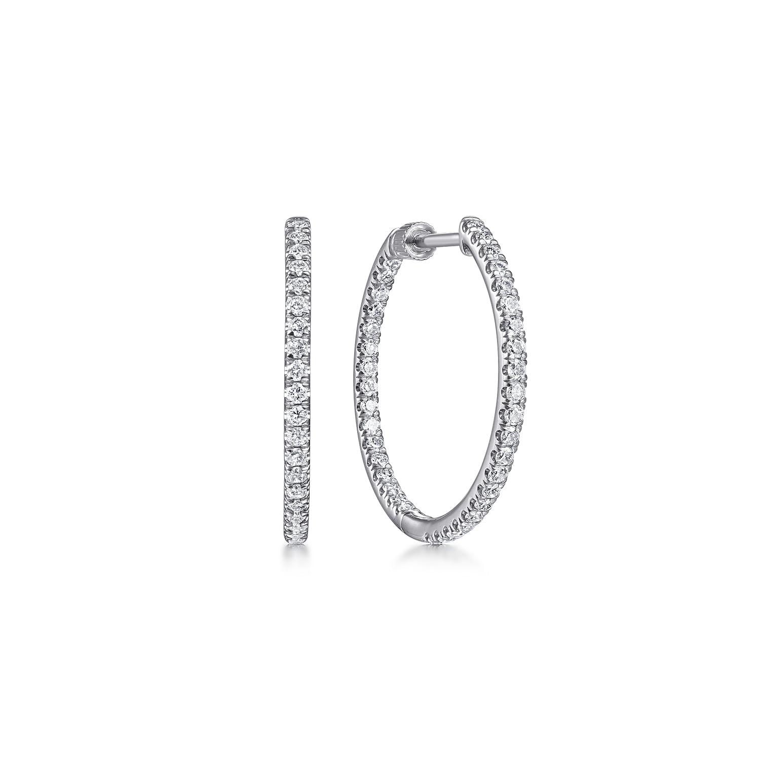 14K White Gold French Pave 20mm Round Inside Out Diamond Hoop Earrings - 0.75 ct - Shot 1