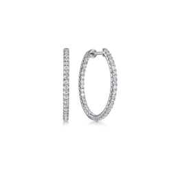 14K White Gold French Pave 20mm Round Inside Out Diamond Hoop Earrings