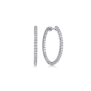 14K White Gold French Pave 20mm Round Inside Out Diamond Hoop Earrings