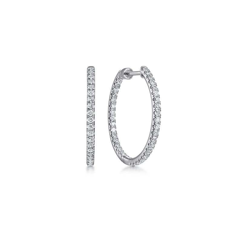 14K White Gold French Pave 20mm Round Inside Out Diamond Hoop Earrings - 0.75 ct - Shot 1