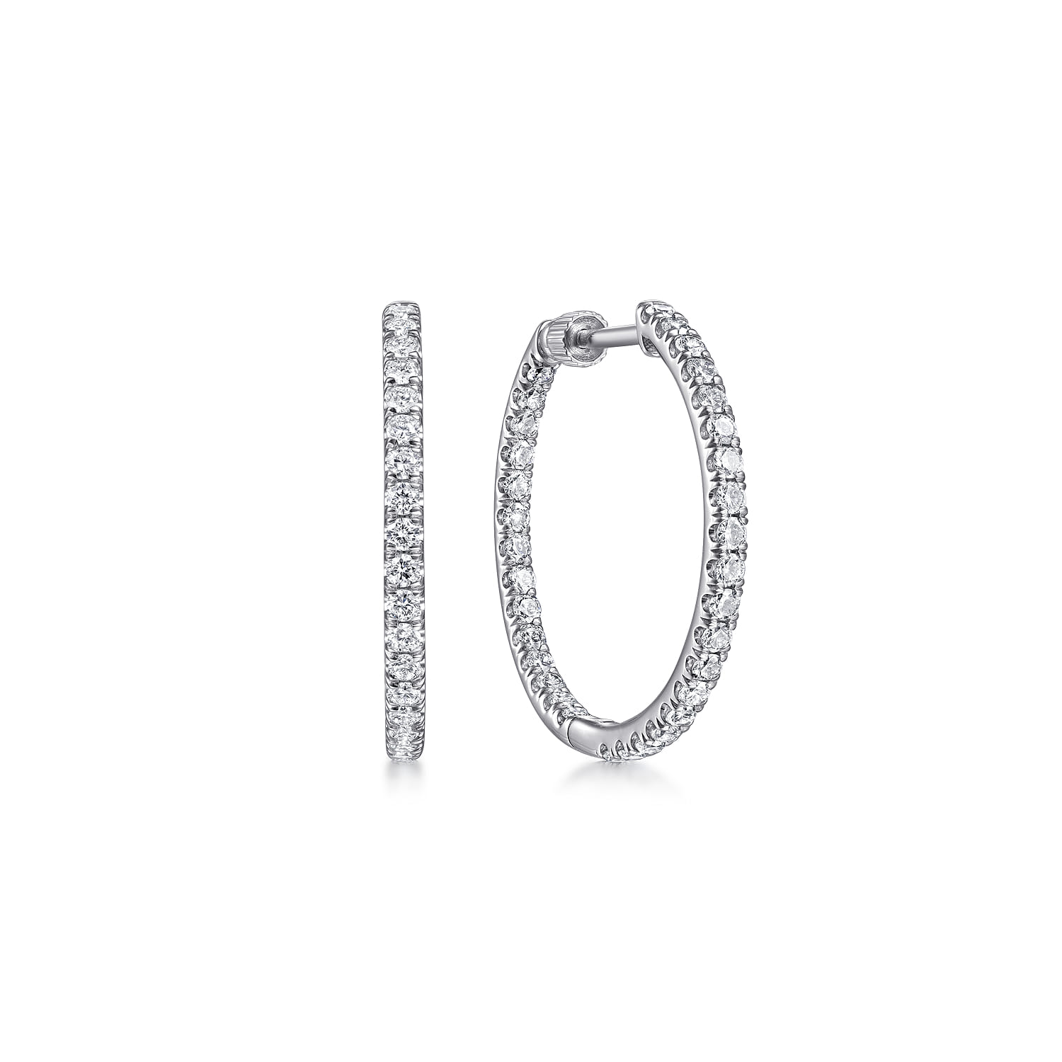 14K White Gold French Pave 20mm Round Inside Out Diamond Hoop Earrings - 1 ct - Shot 1