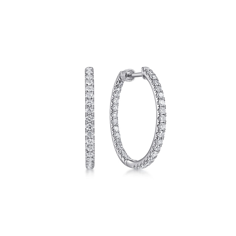 14K White Gold French Pave 20mm Round Inside Out Diamond Hoop Earrings - 1 ct - Shot 1