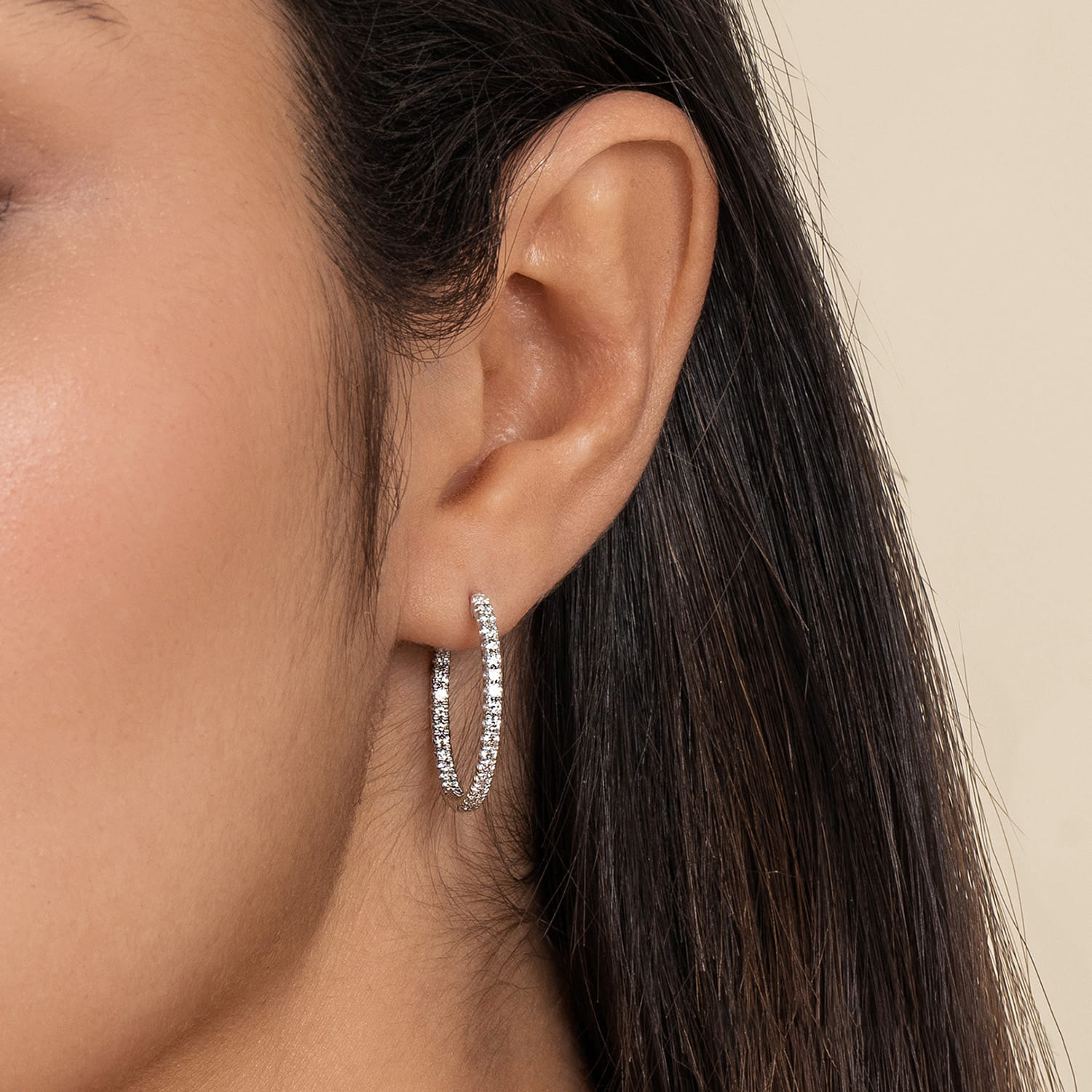 14K White Gold French Pave 20mm Round Inside Out Diamond Hoop Earrings - 1 ct - Shot 2