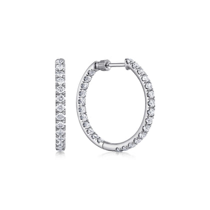 14K White Gold French Pave 20mm Round Inside Out Diamond Hoop Earrings