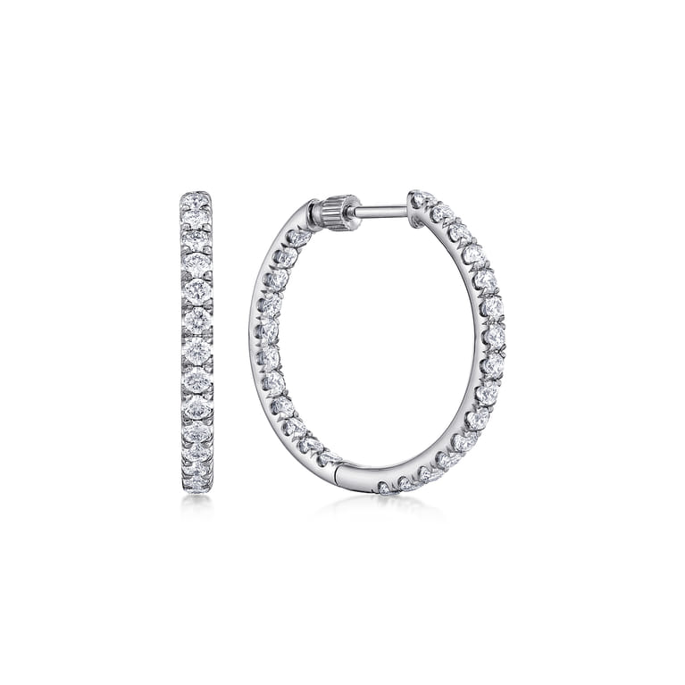 14K White Gold French Pave 20mm Round Inside Out Diamond Hoop Earrings - 1.55 ct - Shot 1