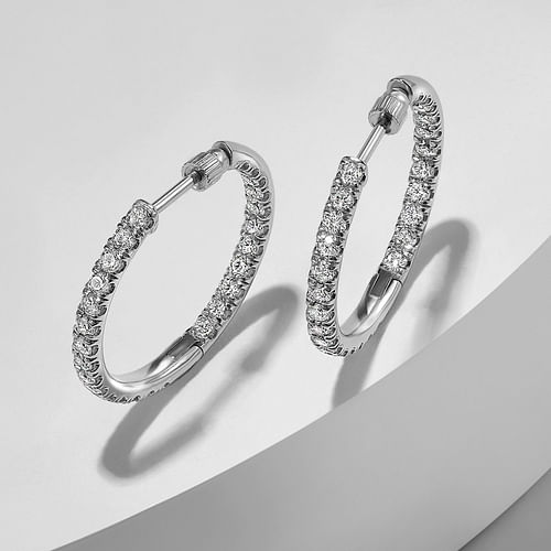 14K White Gold French Pave 20mm Round Inside Out Diamond Hoop Earrings - 1.55 ct - Shot 3