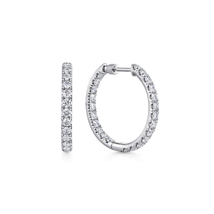 14K White Gold French Pave 20mm Round Inside Out Diamond Hoop Earrings