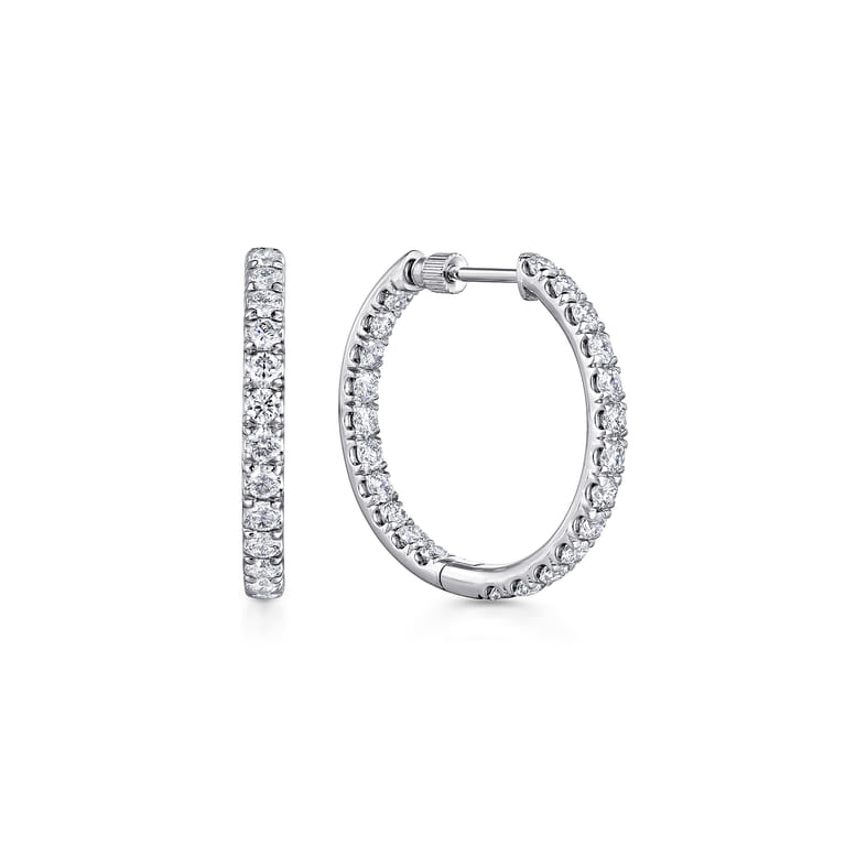 14K White Gold French Pave 20mm Round Inside Out Diamond Hoop Earrings - 1.95 ct - Shot 1
