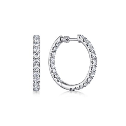 14K White Gold French Pave 20mm Round Inside Out Diamond Hoop Earrings