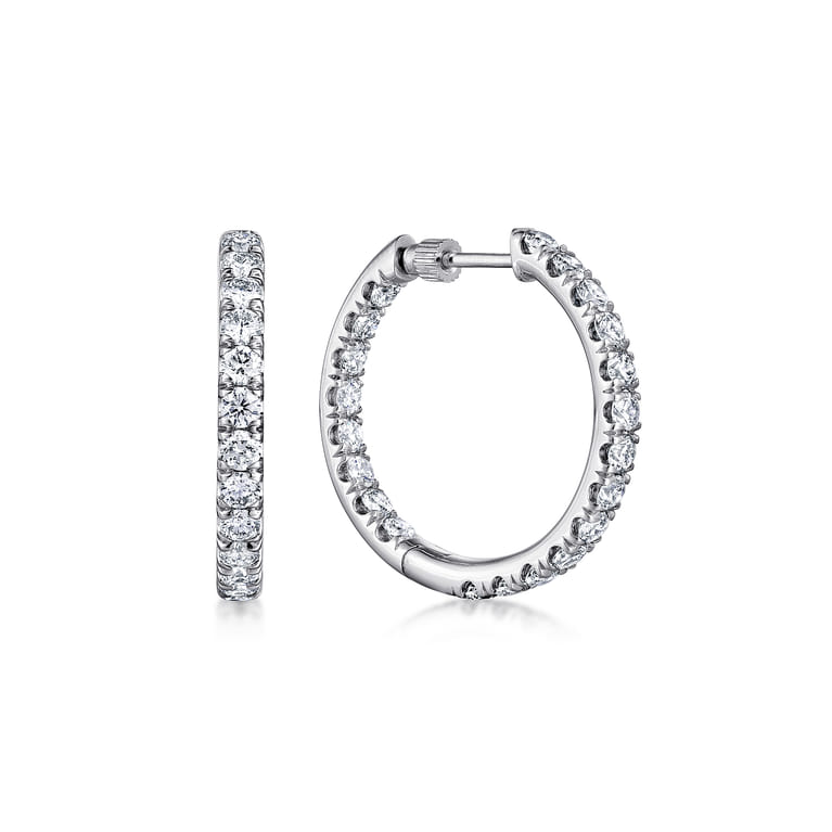 14K White Gold French Pave 20mm Round Inside Out Diamond Hoop Earrings - 2.35 ct - Shot 1