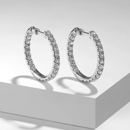 14K White Gold French Pave 20mm Round Inside Out Diamond Hoop Earrings