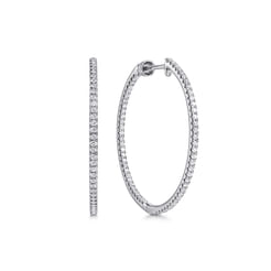 14K White Gold French Pave 30mm Round Inside Out Diamond Hoop Earrings
