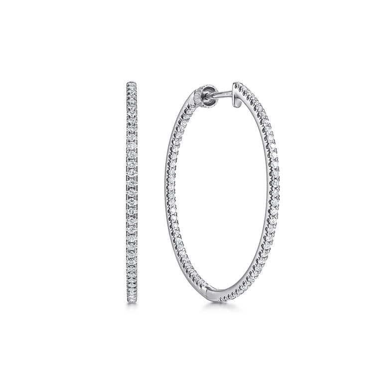 14K White Gold French Pave 30mm Round Inside Out Diamond Hoop Earrings - 0.75 ct - Shot 1