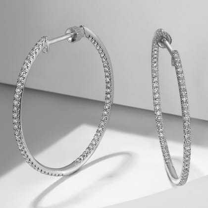 14K White Gold French Pave 30mm Round Inside Out Diamond Hoop Earrings