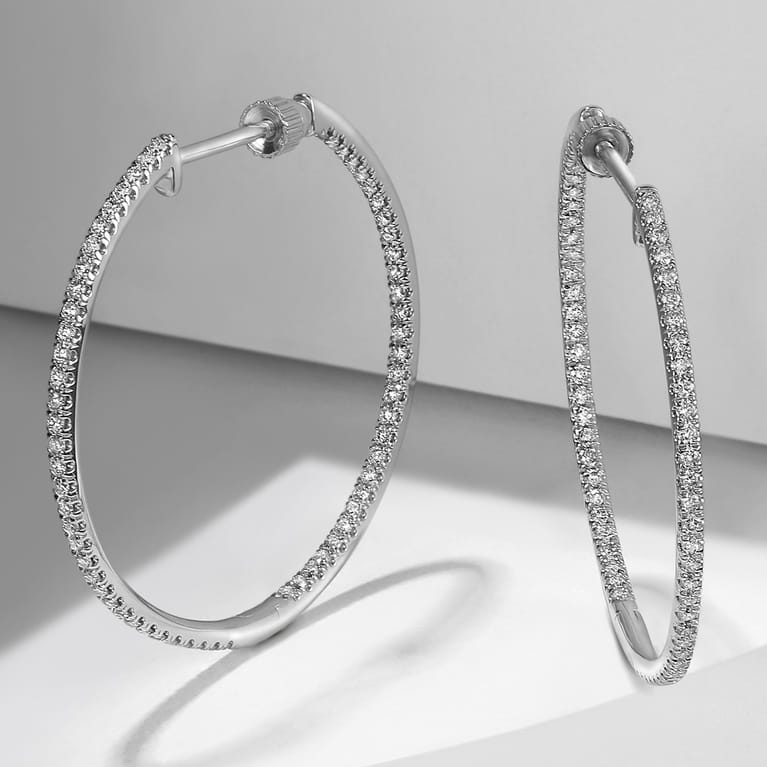 14K White Gold French Pave 30mm Round Inside Out Diamond Hoop Earrings - 0.75 ct - Shot 3