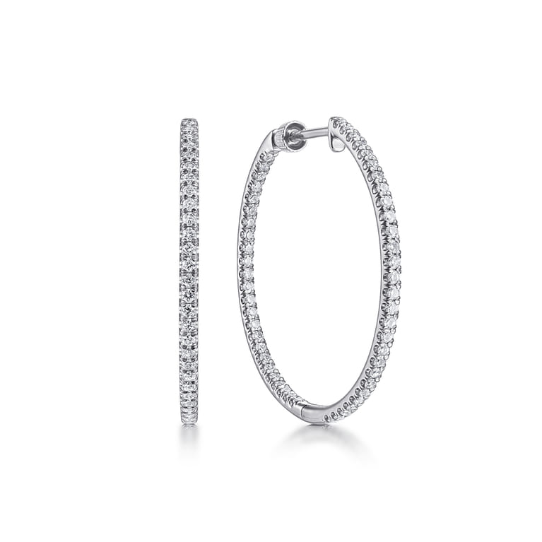 14K White Gold French Pave 30mm Round Inside Out Diamond Hoop Earrings - 1 ct - Shot 1