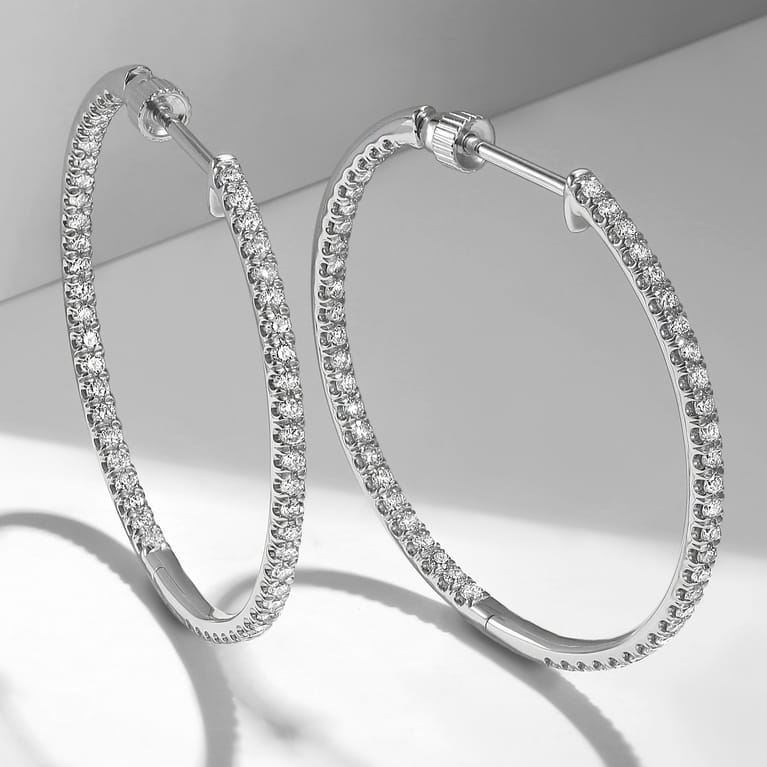 14K White Gold French Pave 30mm Round Inside Out Diamond Hoop Earrings - 1 ct - Shot 4