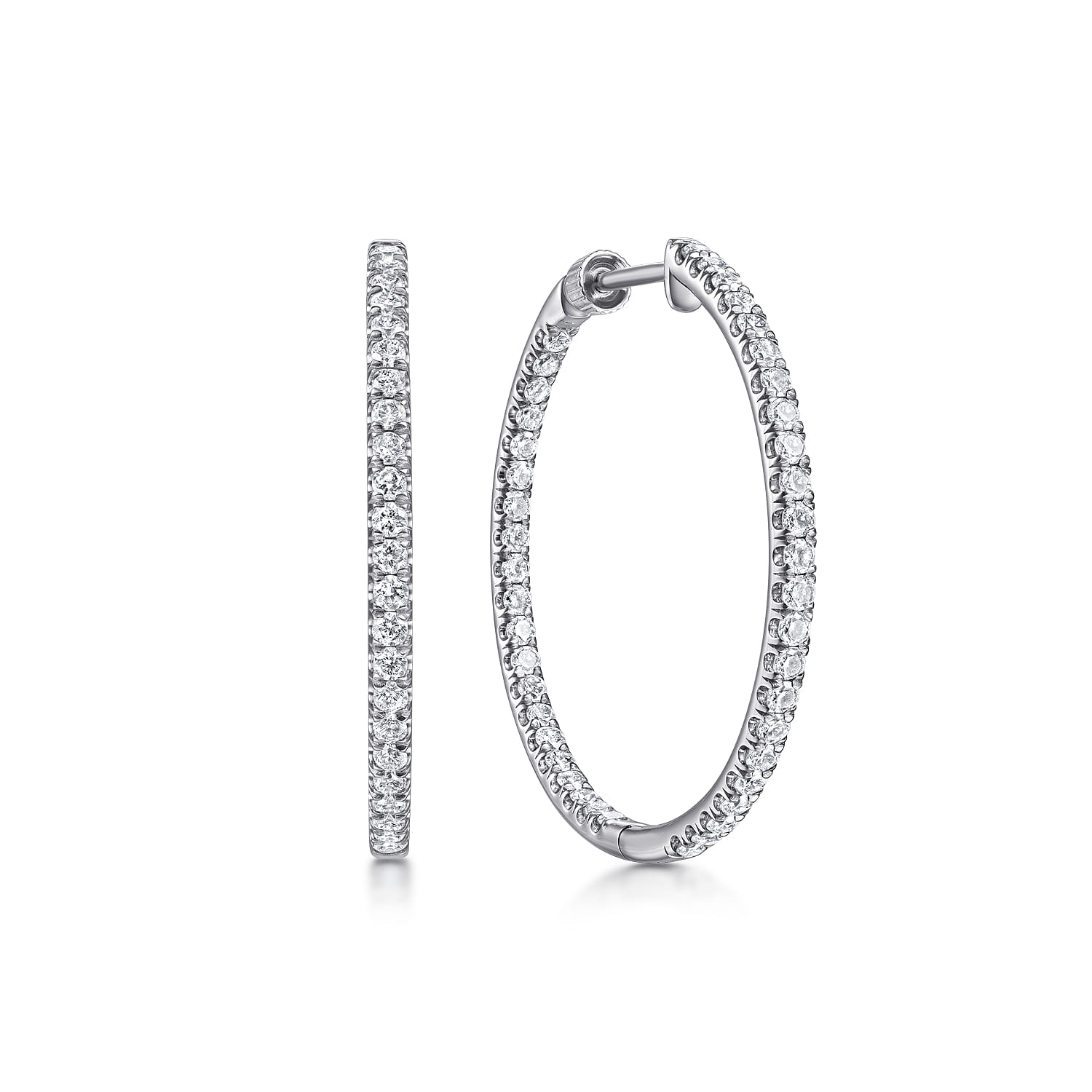 14K White Gold French Pave 30mm Round Inside Out Diamond Hoop Earrings - 1.45 ct - Shot 1
