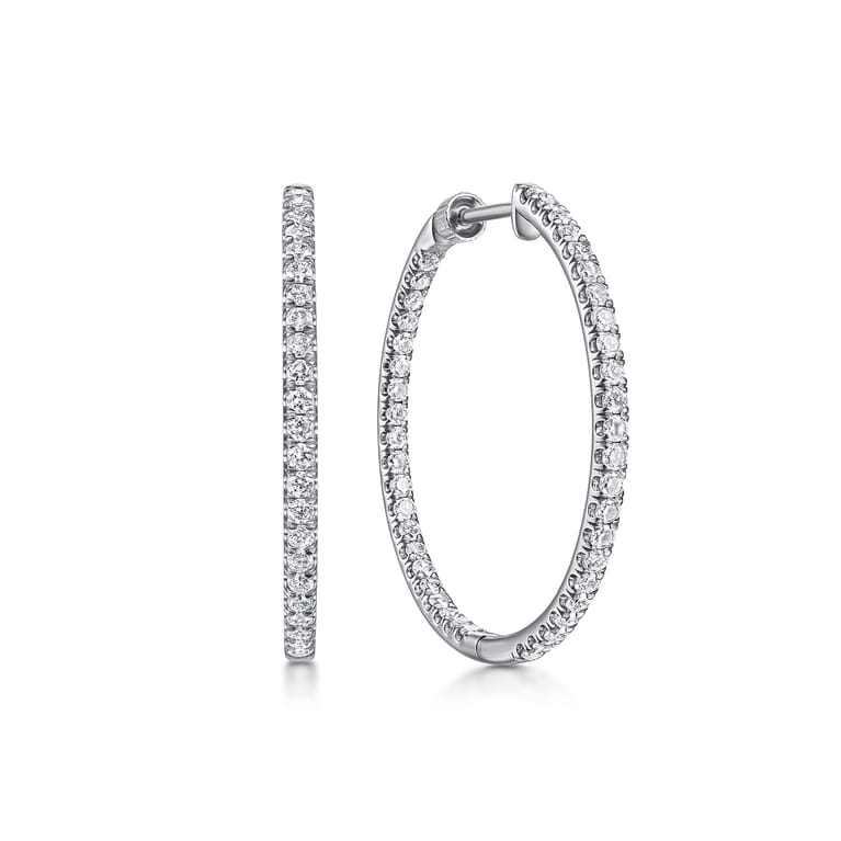 14K White Gold French Pave 30mm Round Inside Out Diamond Hoop Earrings - 1.45 ct - Shot 1