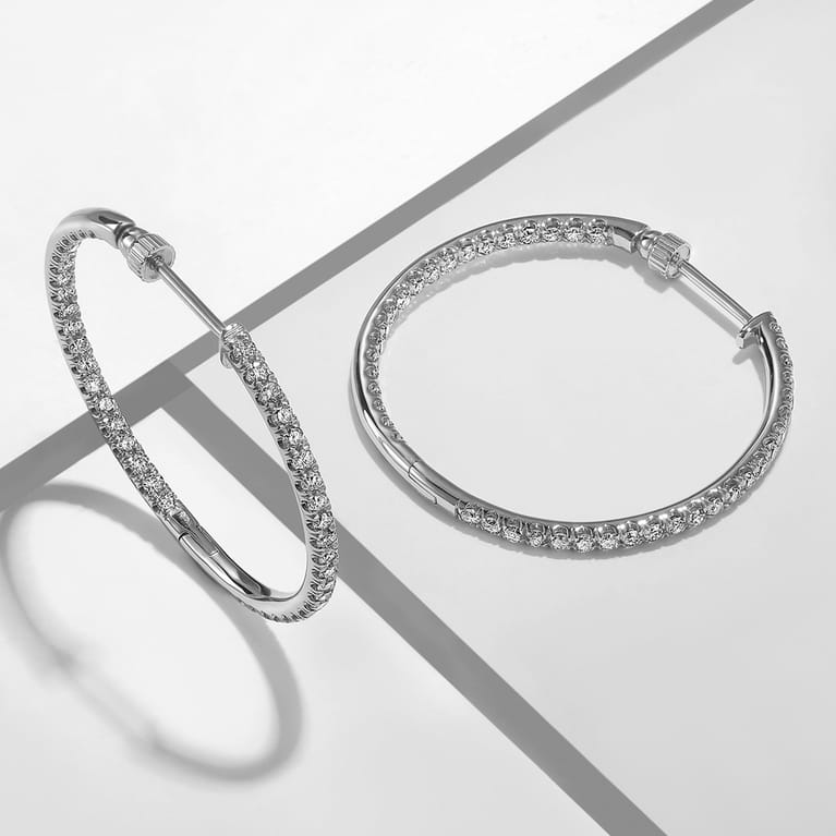 14K White Gold French Pave 30mm Round Inside Out Diamond Hoop Earrings - 1.45 ct - Shot 4
