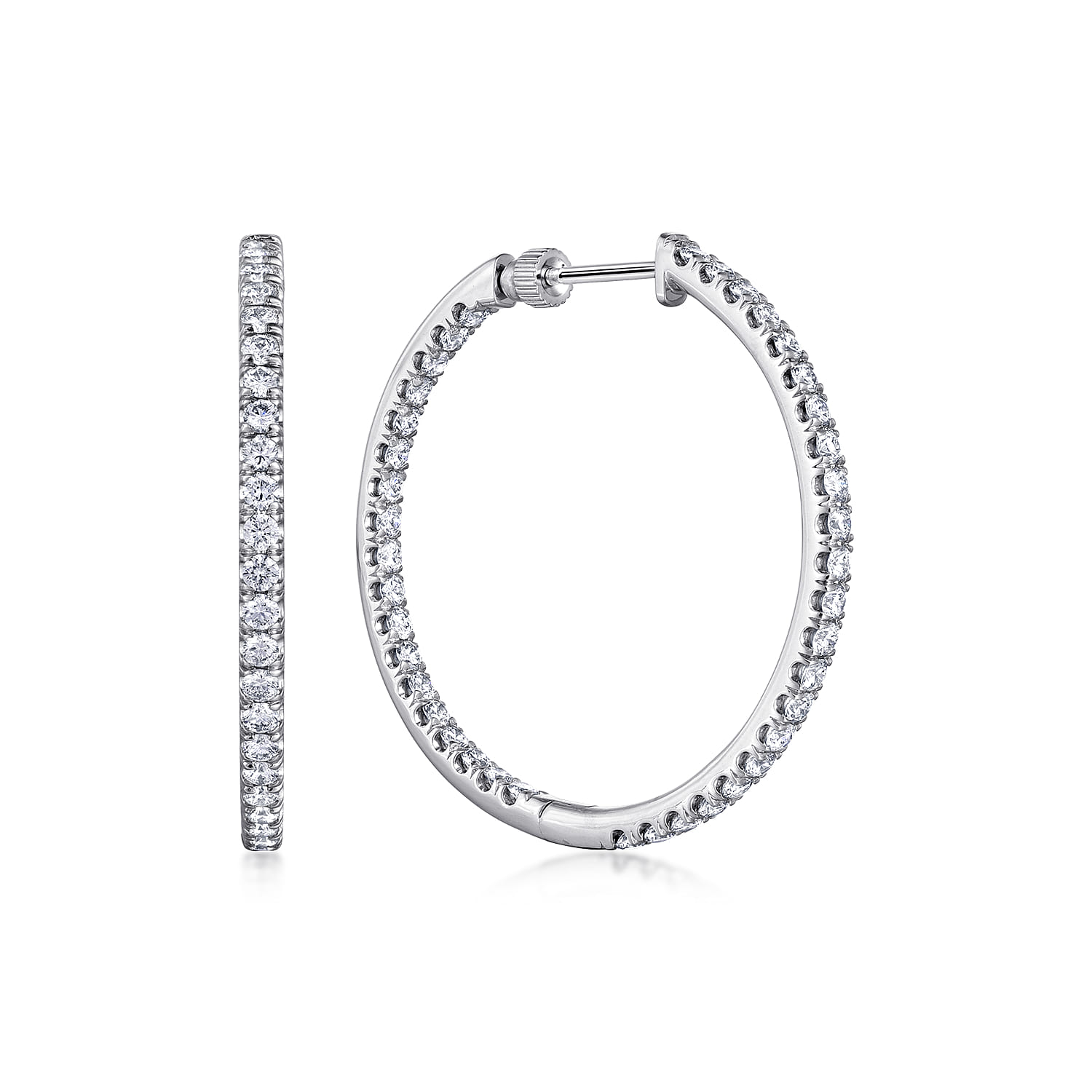 14K White Gold French Pave 30mm Round Inside Out Diamond Hoop Earrings - 1.9 ct - Shot 1