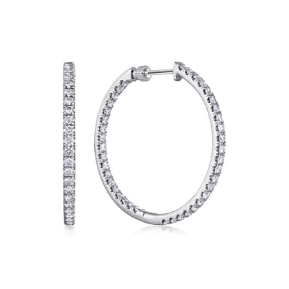 14K White Gold French Pave 30mm Round Inside Out Diamond Hoop Earrings