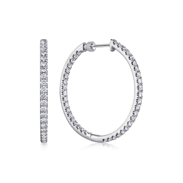 14K White Gold French Pave 30mm Round Inside Out Diamond Hoop Earrings - 1.9 ct - Shot 1