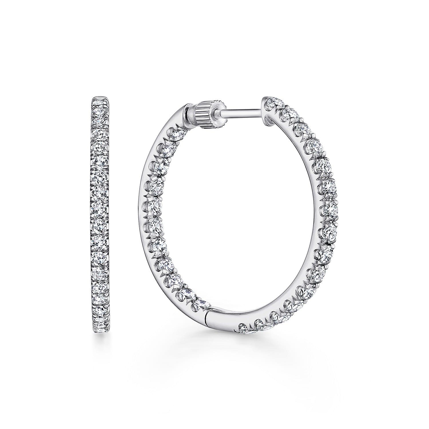 14K White Gold French Pave 30mm Round Inside Out Diamond Hoop Earrings - 2.4 ct - Shot 1