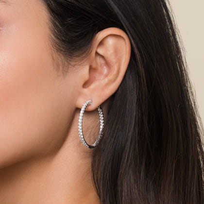 14K White Gold French Pave 30mm Round Inside Out Diamond Hoop Earrings