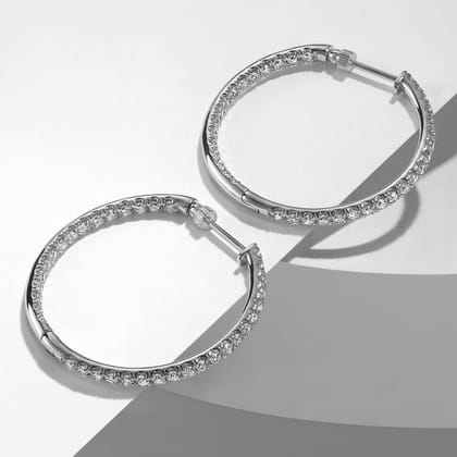 14K White Gold French Pave 30mm Round Inside Out Diamond Hoop Earrings