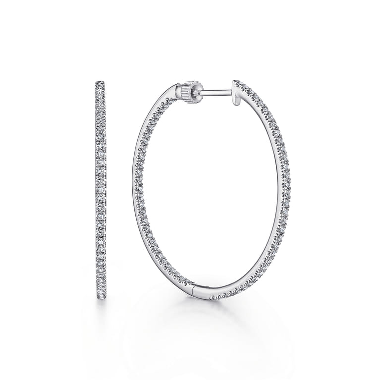 14K White Gold French Pave 30mm Round Inside Out Diamond Hoop Earrings - 2.8 ct - Shot 1