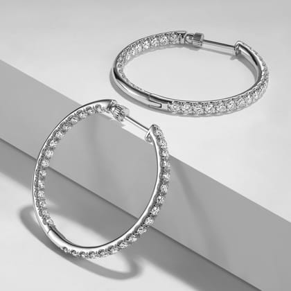 14K White Gold French Pave 30mm Round Inside Out Diamond Hoop Earrings