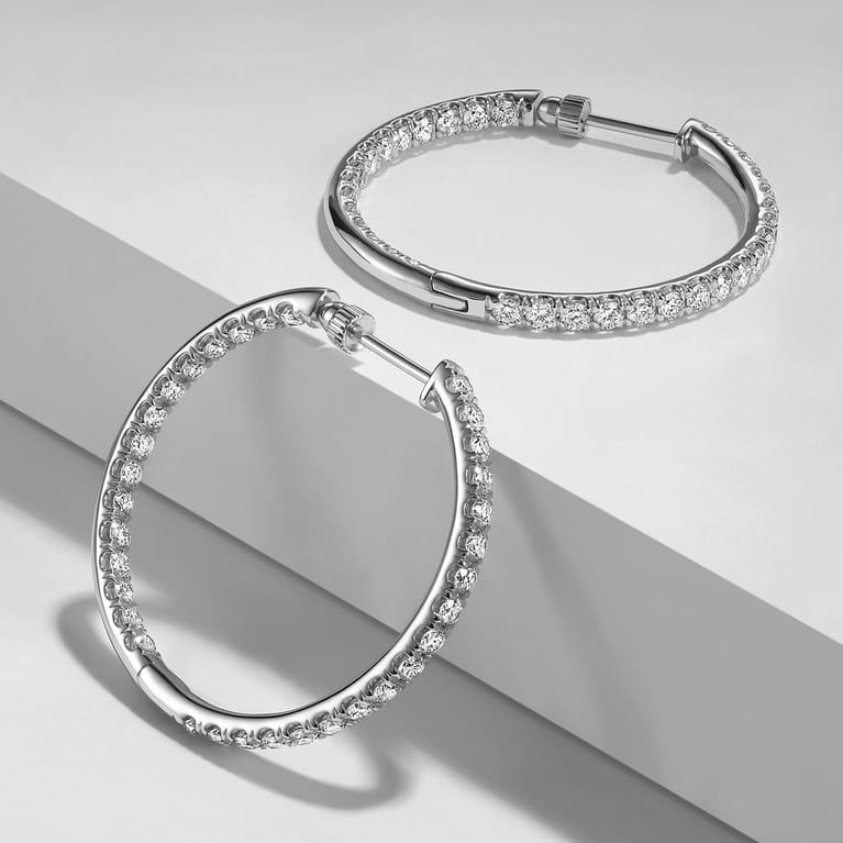 14K White Gold French Pave 30mm Round Inside Out Diamond Hoop Earrings - 2.8 ct - Shot 3