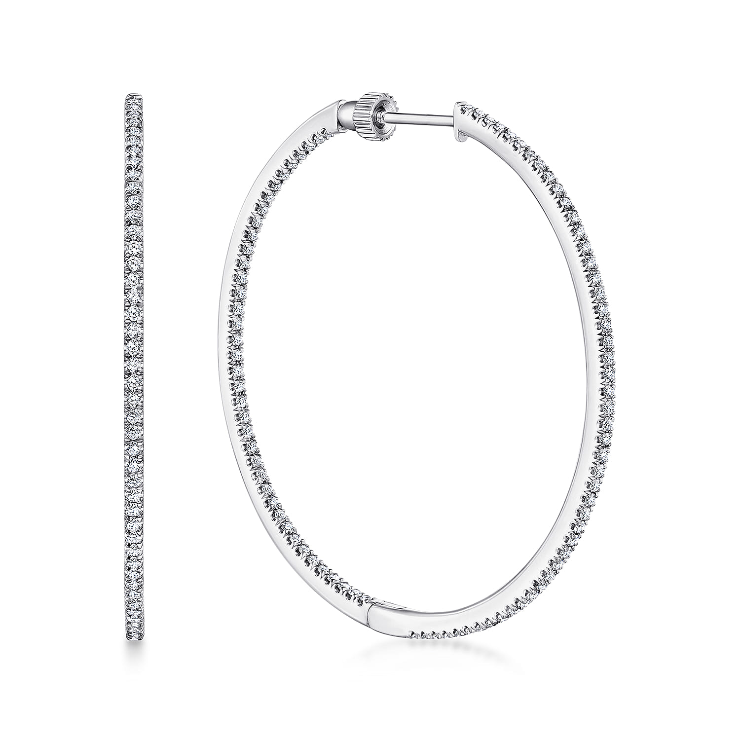 14K White Gold French Pave 40mm Round Inside Out Diamond Hoop Earrings - 1.05 ct - Shot 1