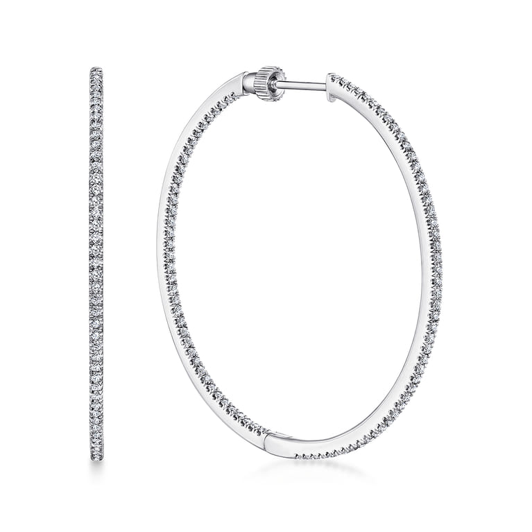 14K White Gold French Pave 40mm Round Inside Out Diamond Hoop Earrings - 1.05 ct - Shot 1