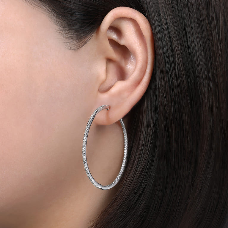 14K White Gold French Pave 40mm Round Inside Out Diamond Hoop Earrings - 1.05 ct - Shot 2