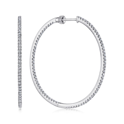 14K White Gold French Pave 40mm Round Inside Out Diamond Hoop Earrings