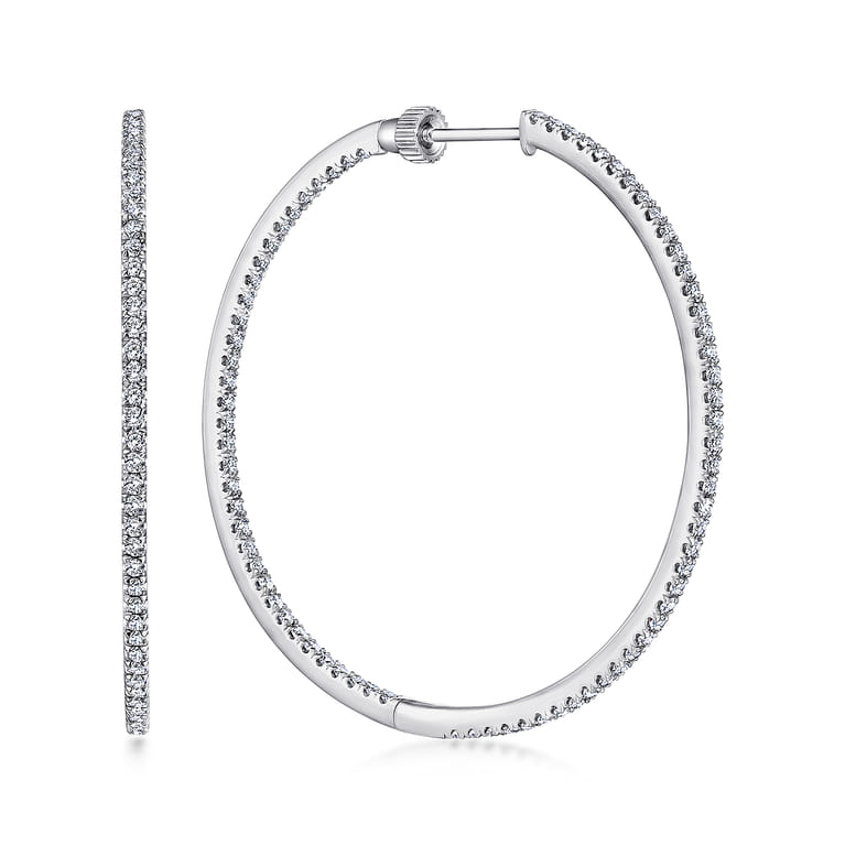 14K White Gold French Pave 40mm Round Inside Out Diamond Hoop Earrings - 1.5 ct - Shot 1