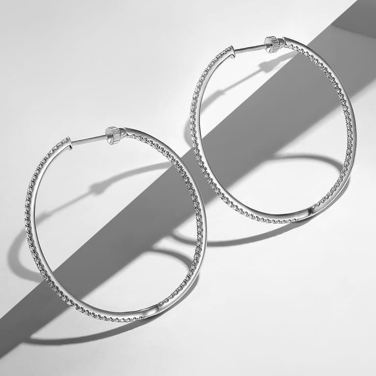 14K White Gold French Pave 40mm Round Inside Out Diamond Hoop Earrings - 1.5 ct - Shot 3