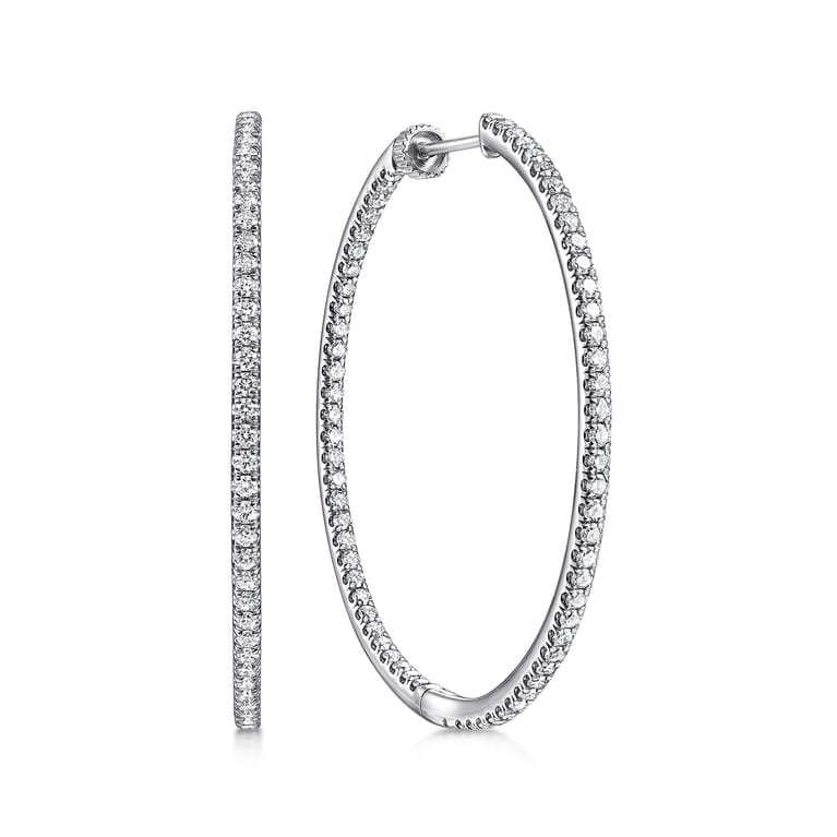 14K White Gold French Pave 40mm Round Inside Out Diamond Hoop Earrings - 1.9 ct - Shot 1