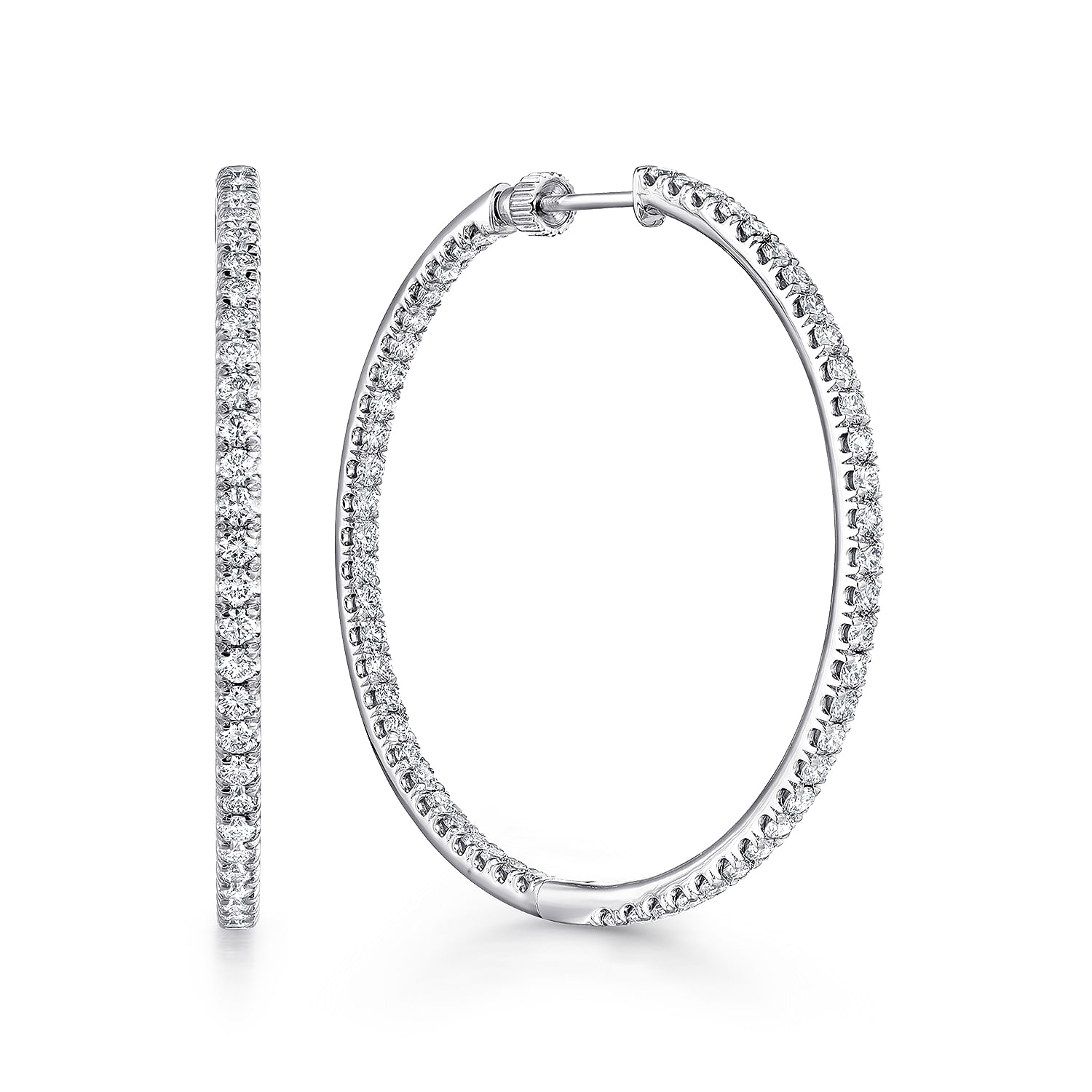 14K White Gold French Pave 40mm Round Inside Out Diamond Hoop Earrings - 2.95 ct - Shot 1