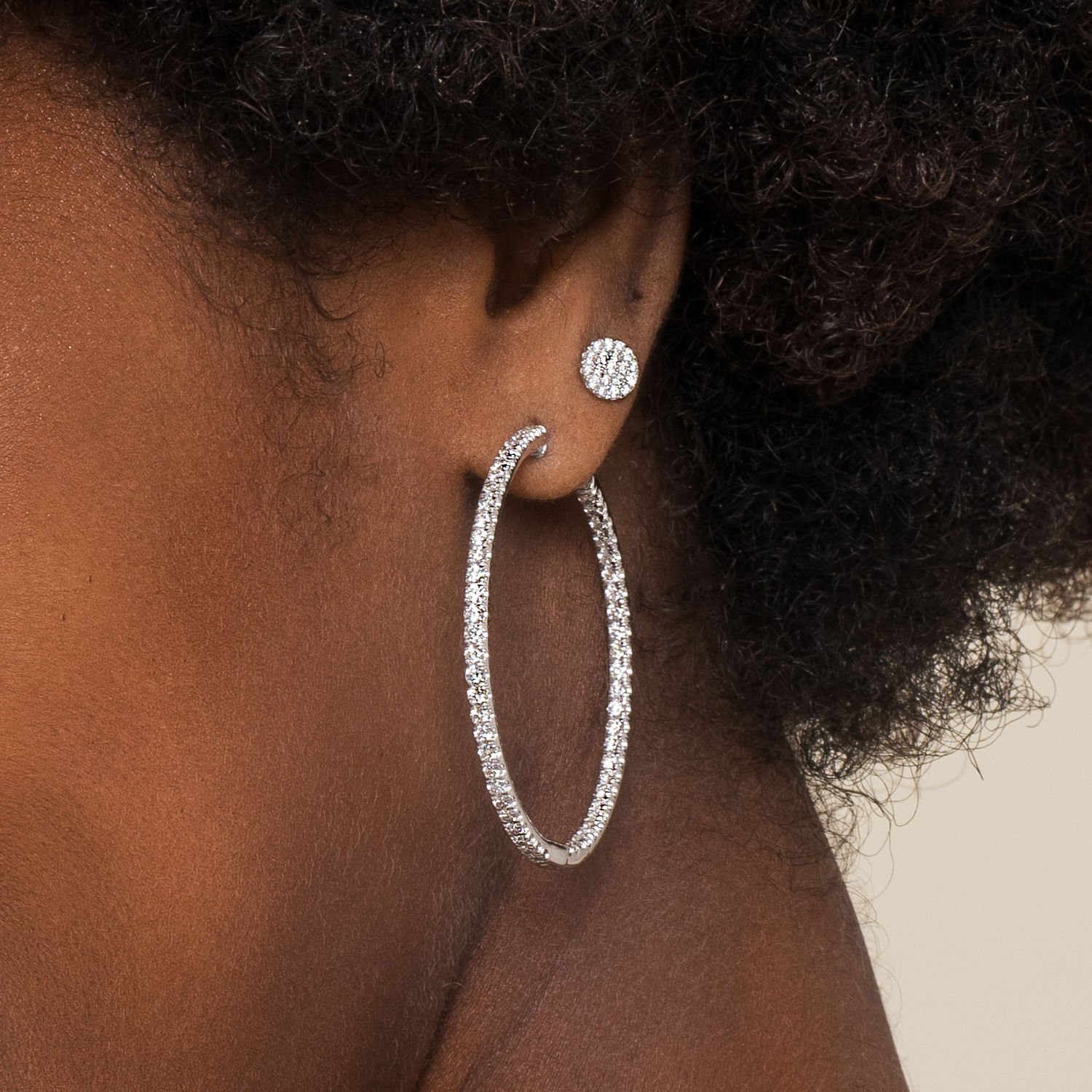 14K White Gold French Pave 40mm Round Inside Out Diamond Hoop Earrings - 2.95 ct - Shot 3