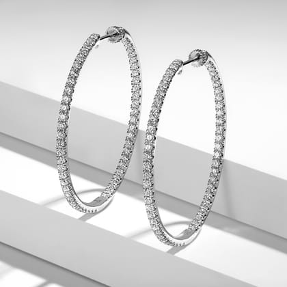 14K White Gold French Pave 40mm Round Inside Out Diamond Hoop Earrings
