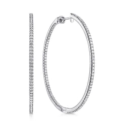 14K White Gold French Pave 50mm Round Inside Out Diamond Hoop Earrings