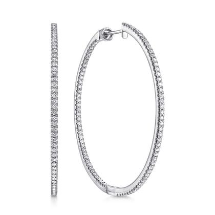14K White Gold French Pave 50mm Round Inside Out Diamond Hoop Earrings