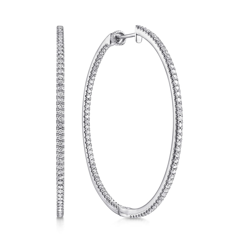 14K White Gold French Pave 50mm Round Inside Out Diamond Hoop Earrings - 1.9 ct - Shot 1