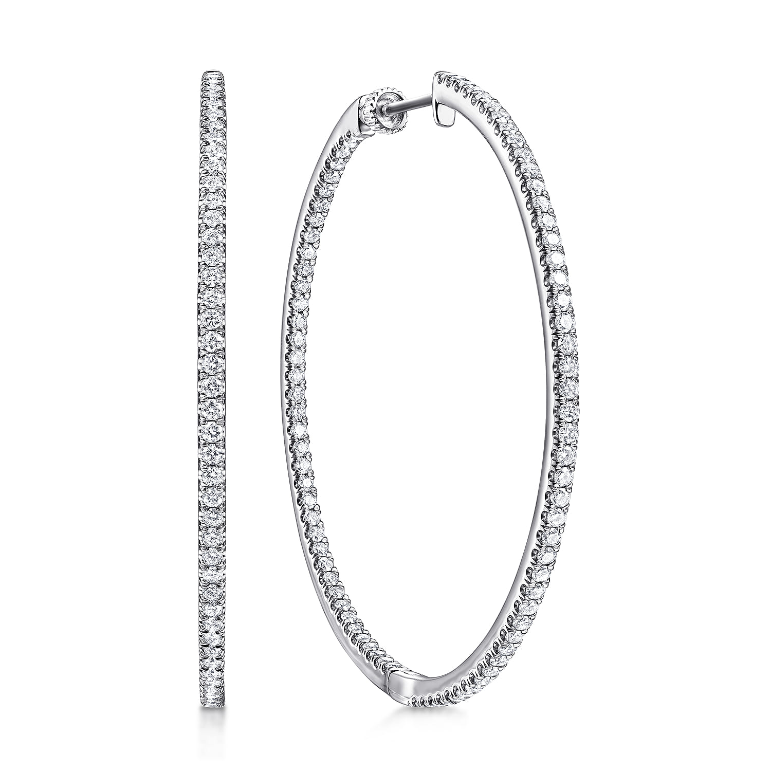 14K White Gold French Pave 50mm Round Inside Out Diamond Hoop Earrings - 2.4 ct - Shot 1