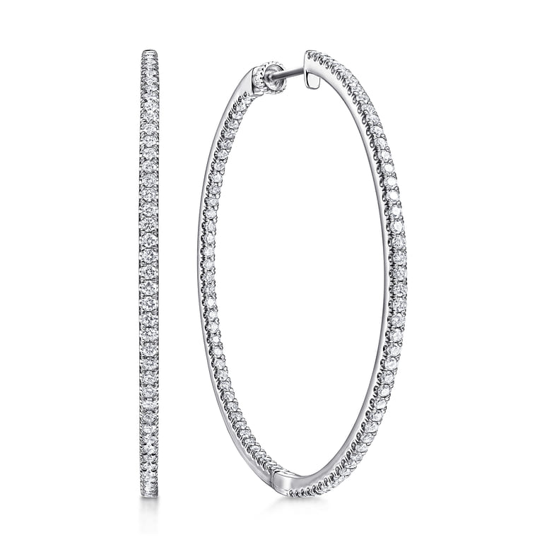14K White Gold French Pave 50mm Round Inside Out Diamond Hoop Earrings - 2.4 ct - Shot 1