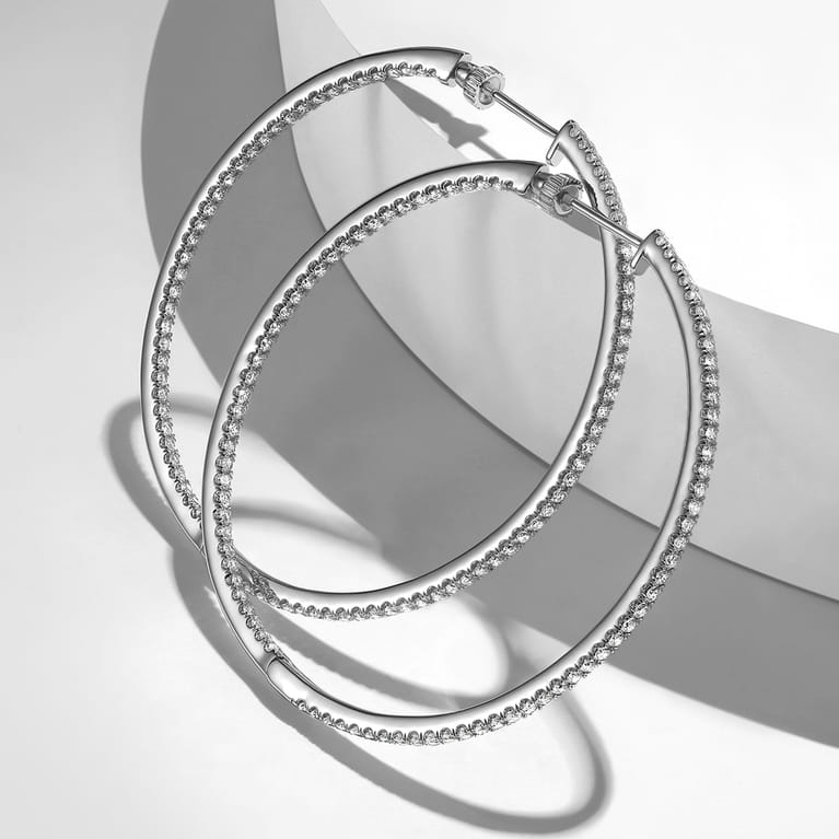 14K White Gold French Pave 50mm Round Inside Out Diamond Hoop Earrings - 2.4 ct - Shot 5